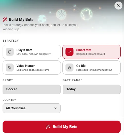 Build My Bets tool on Shamo Bet letting a player choose a betting strategy, sport, date range and country