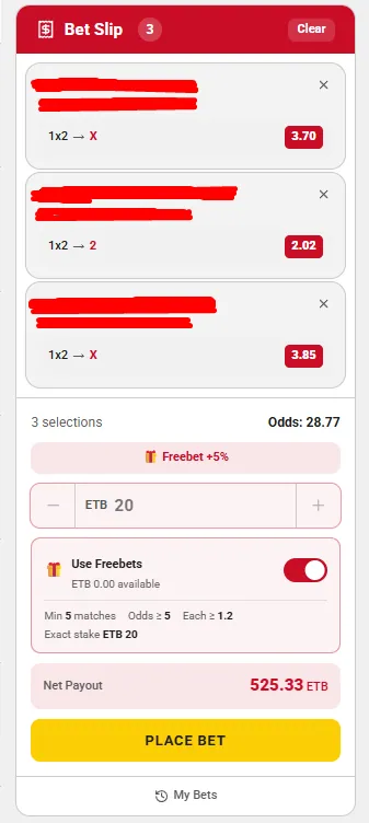 Shamo Bet bet slip with three selections and a freebet toggle showing minimum-match and odds conditions