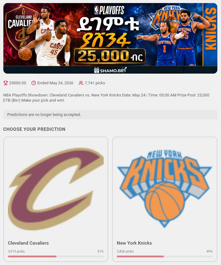 Event Predictor contest on Shamo Bet for an NBA Playoffs matchup showing free picks and a prize pool