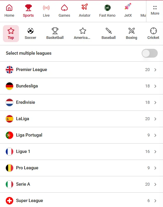 League selector on Shamo Bet listing top football leagues including the Premier League, LaLiga, Bundesliga and Serie A