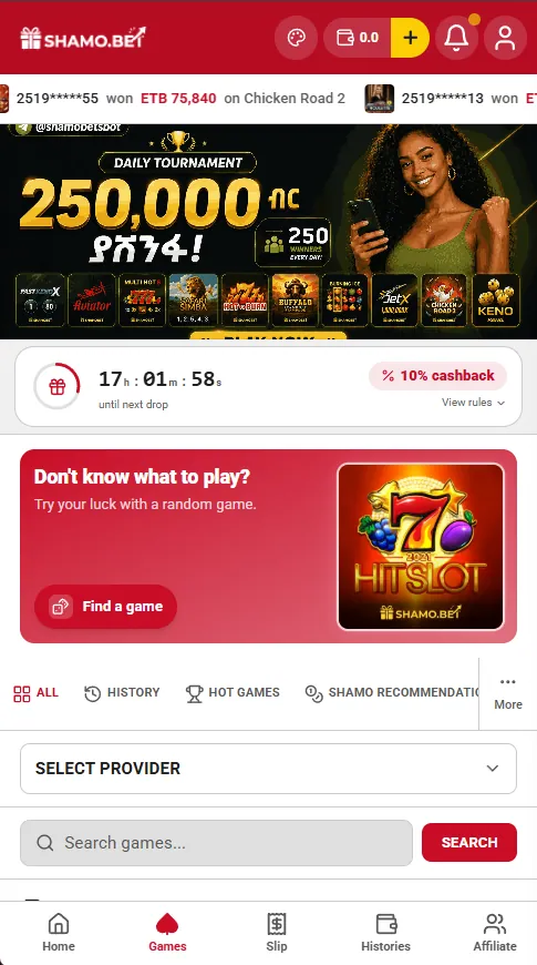 Shamo Bet mobile Games page showing a live win feed, a daily tournament banner and a Find a Game button