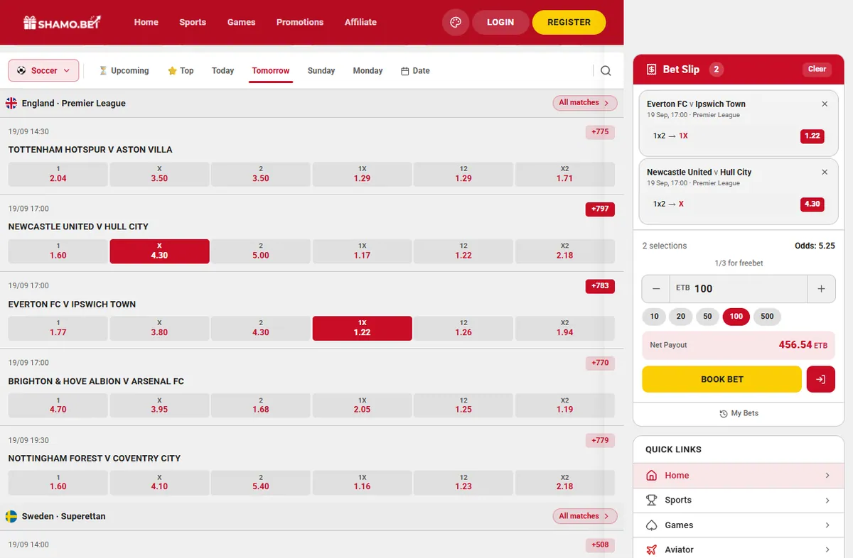 Shamo Bet pre-match football odds board with a bet slip open on the right showing two selections