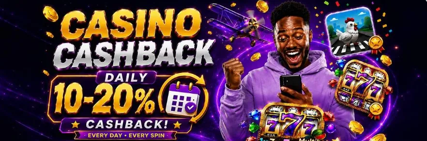 Shamo Bet Casino Cashback banner advertising 10 to 20 percent daily cashback
