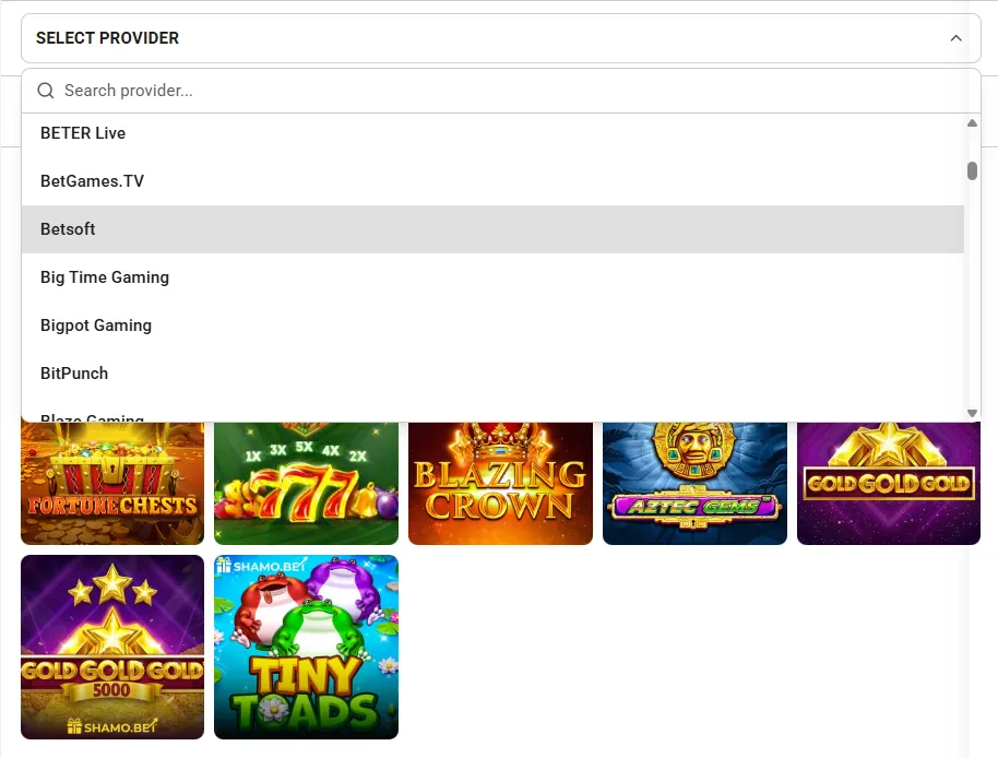 Select Provider dropdown on Shamo Bet listing game studios such as Betsoft and Big Time Gaming