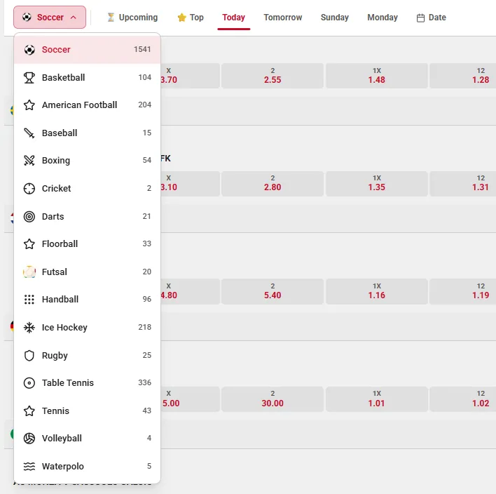 Sports menu on Shamo Bet showing Soccer, Basketball, American Football, Ice Hockey and other available sports with match counts