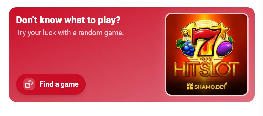 Find a Game panel on Shamo Bet offering a random game suggestion