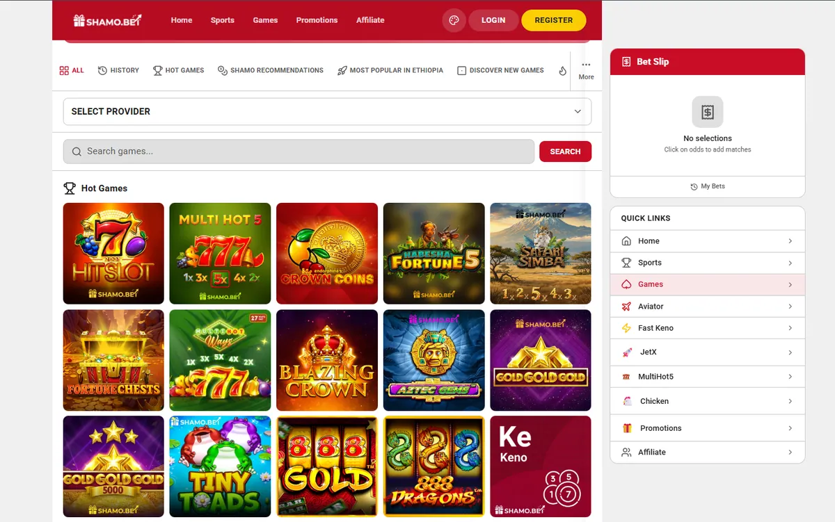 Shamo Bet Games hub showing category tabs, a provider filter and a grid of slot titles under Hot Games