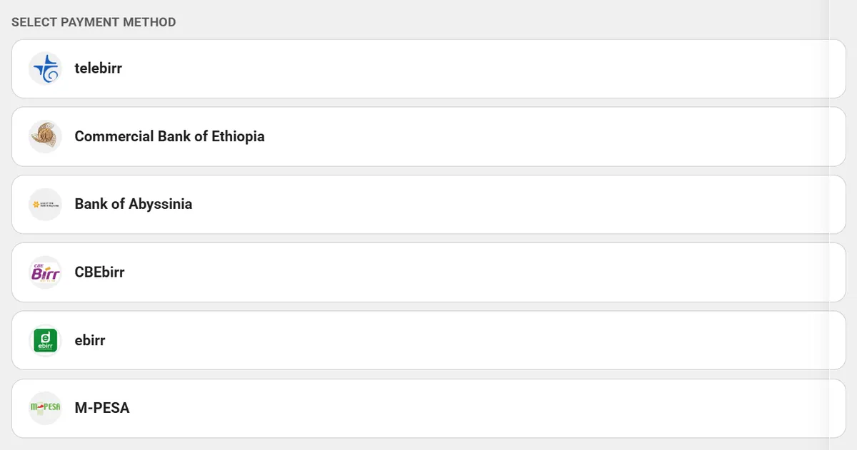 Shamo Bet payment method list showing telebirr, Commercial Bank of Ethiopia, Bank of Abyssinia, CBEbirr, ebirr and M-PESA