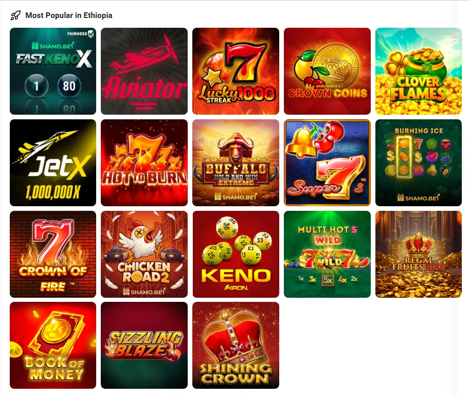 Grid of game tiles under Most Popular in Ethiopia on Shamo Bet, including Aviator, JetX and Chicken Road 2