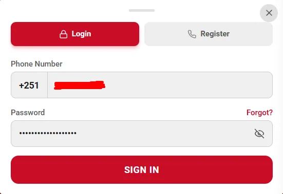 Shamo Bet login form with phone number and password fields and a Sign In button