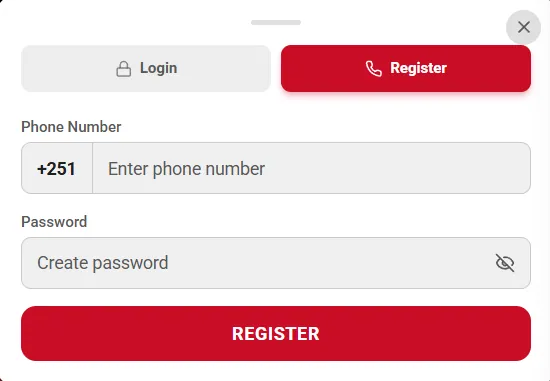 Shamo Bet registration form with an Ethiopian phone number field and a password field