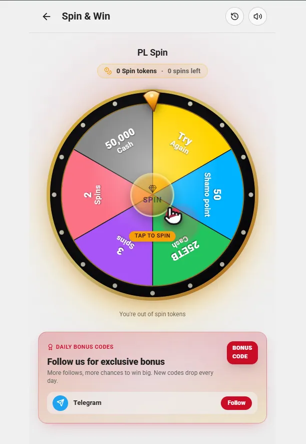 Shamo Bet Spin and Win wheel showing prize segments such as cash, Shamo Points and extra spins